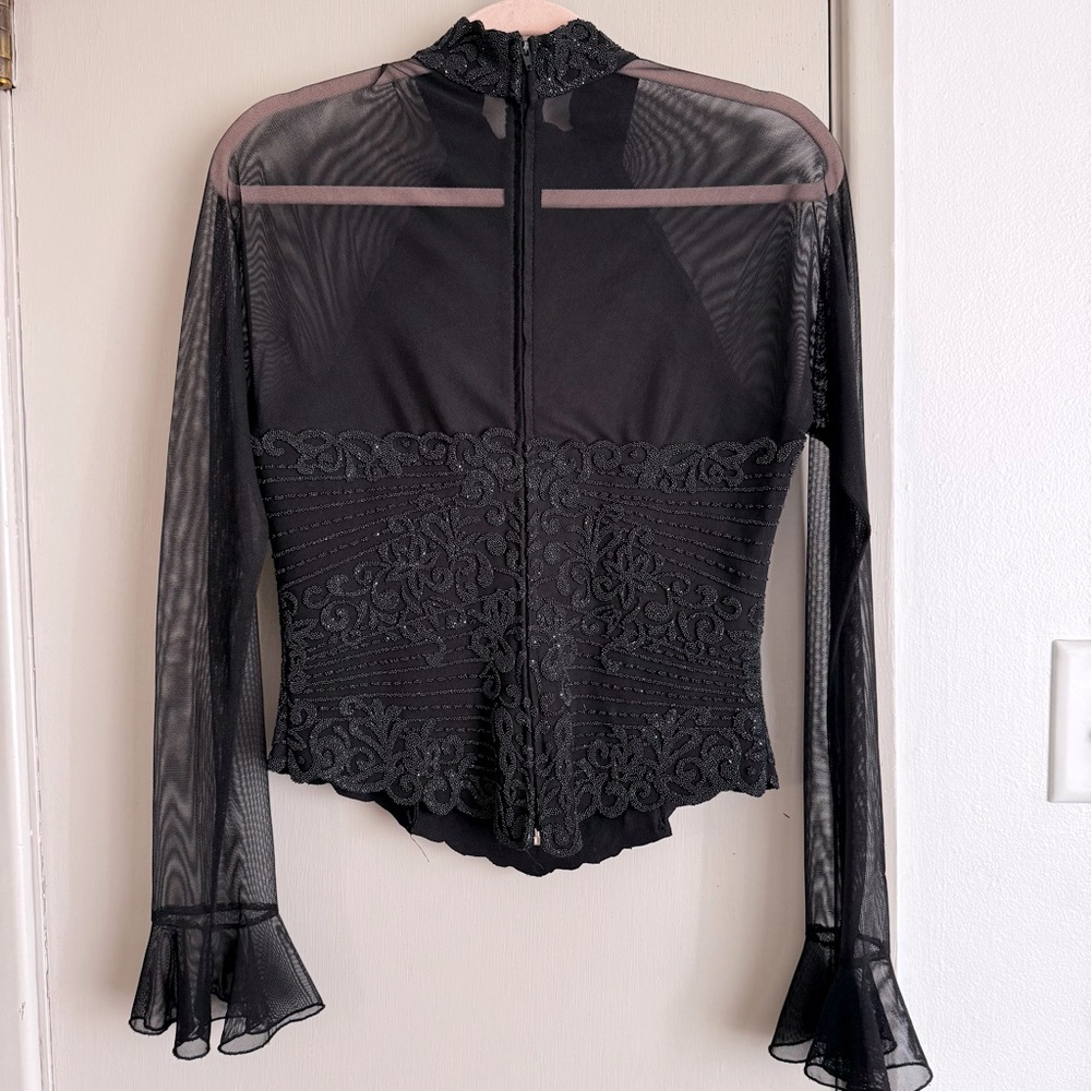 Vintage Black Beaded Sheer Sleeve Halter Blouse - Picture 4 of 5
